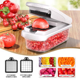 Vegetable chopper with red vegetables on a wooden board, showing different cutting options.