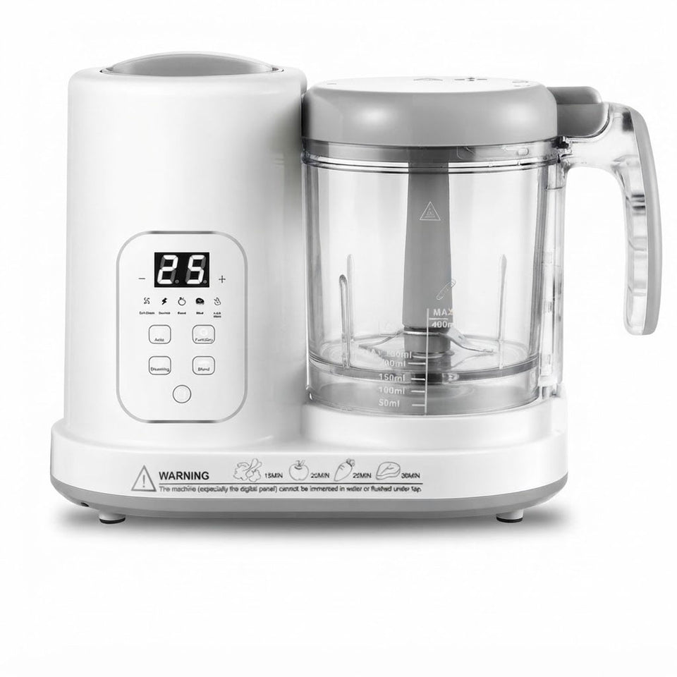 A white and gray multi-functional kitchen appliance with a digital control panel, clear plastic container, and handle, shown on a white background.