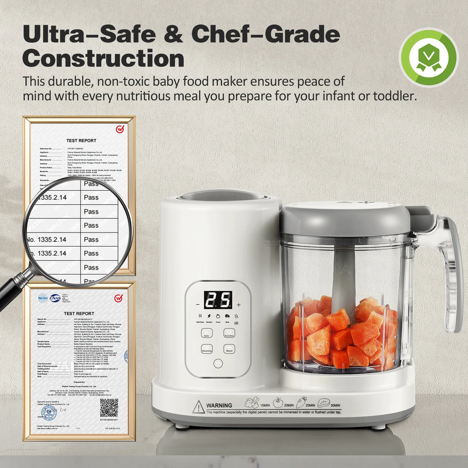 Baby food maker with test reports and certification on a light gray background