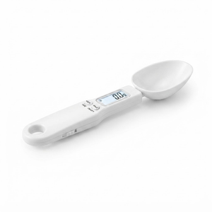 Overhead view of digital kitchen food scale spoon with display