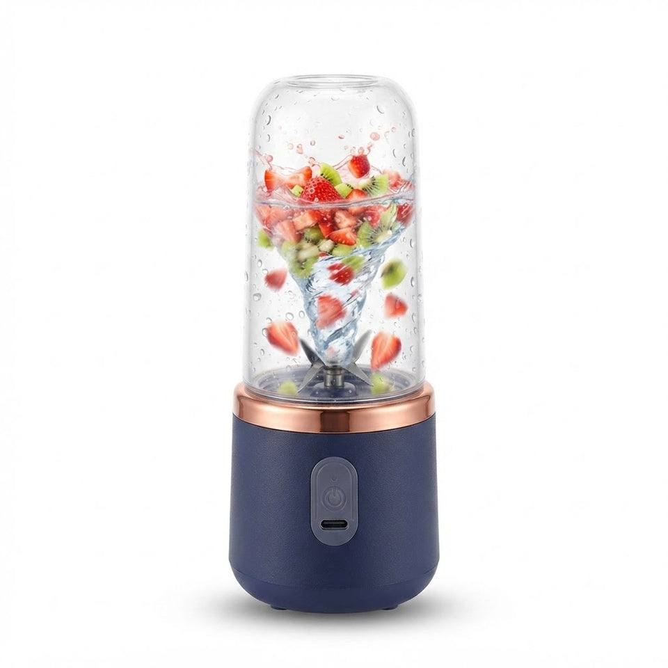 Portable blender blending fresh fruits for smoothies