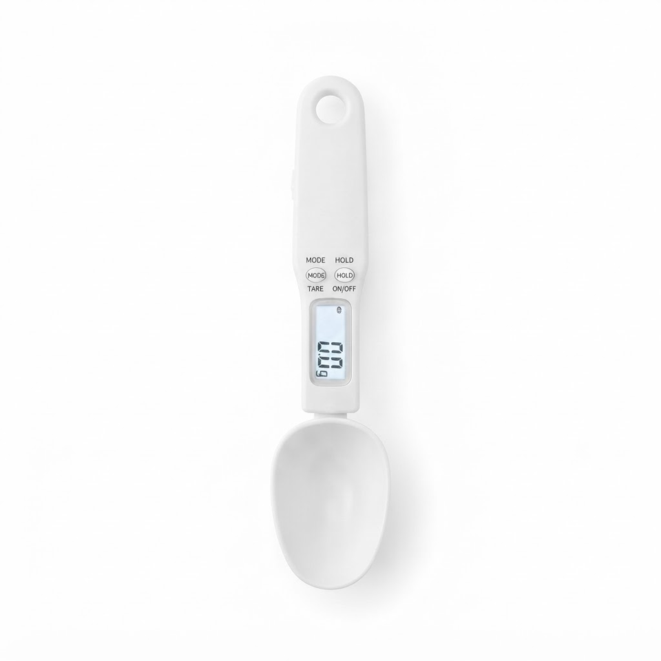 A white digital measuring spoon scale with a hanging loop and LCD display, shown on a clean white background.