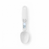 A white digital measuring spoon scale with a hanging loop and LCD display, shown on a clean white background.