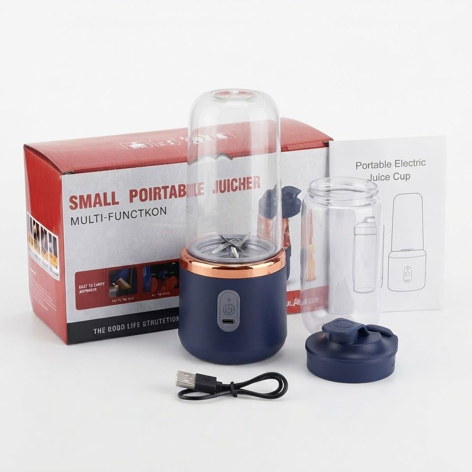 Portable USB rechargeable personal blender, navy blue and rose gold, with two travel cups on white background