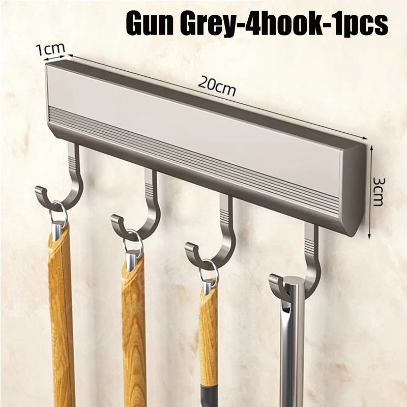 Wall Mounted Aluminum Kitchen Utensil Rack with Adjustable Hooks