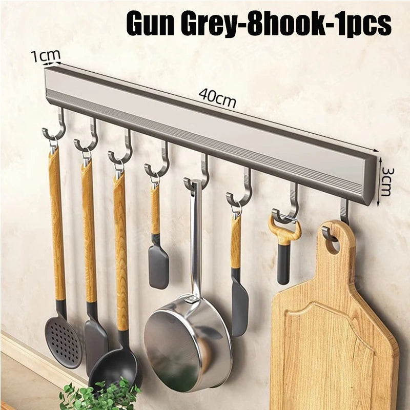 Wall Mounted Aluminum Kitchen Utensil Rack with Adjustable Hooks