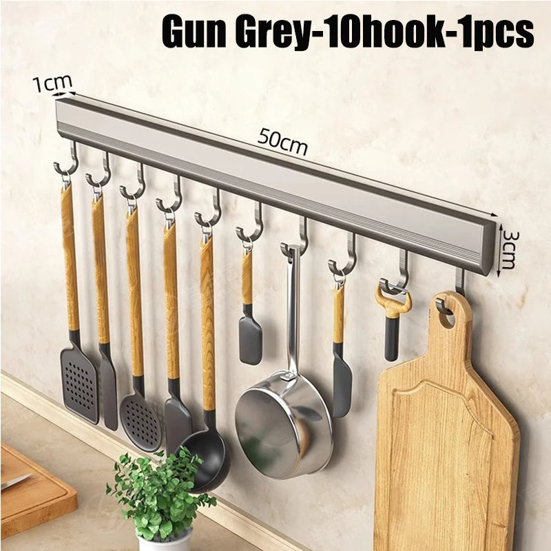 Wall Mounted Aluminum Kitchen Utensil Rack with Adjustable Hooks