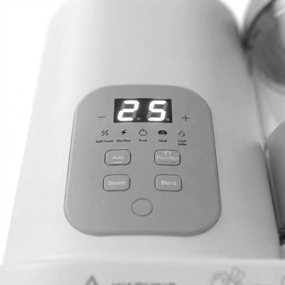 Close-up of a white appliance control panel with a digital display reading 25 and four buttons labeled Auto, Function, Steam, and Blend.