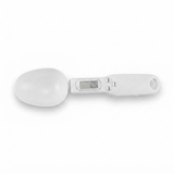 Overhead view of digital kitchen food scale spoon with display