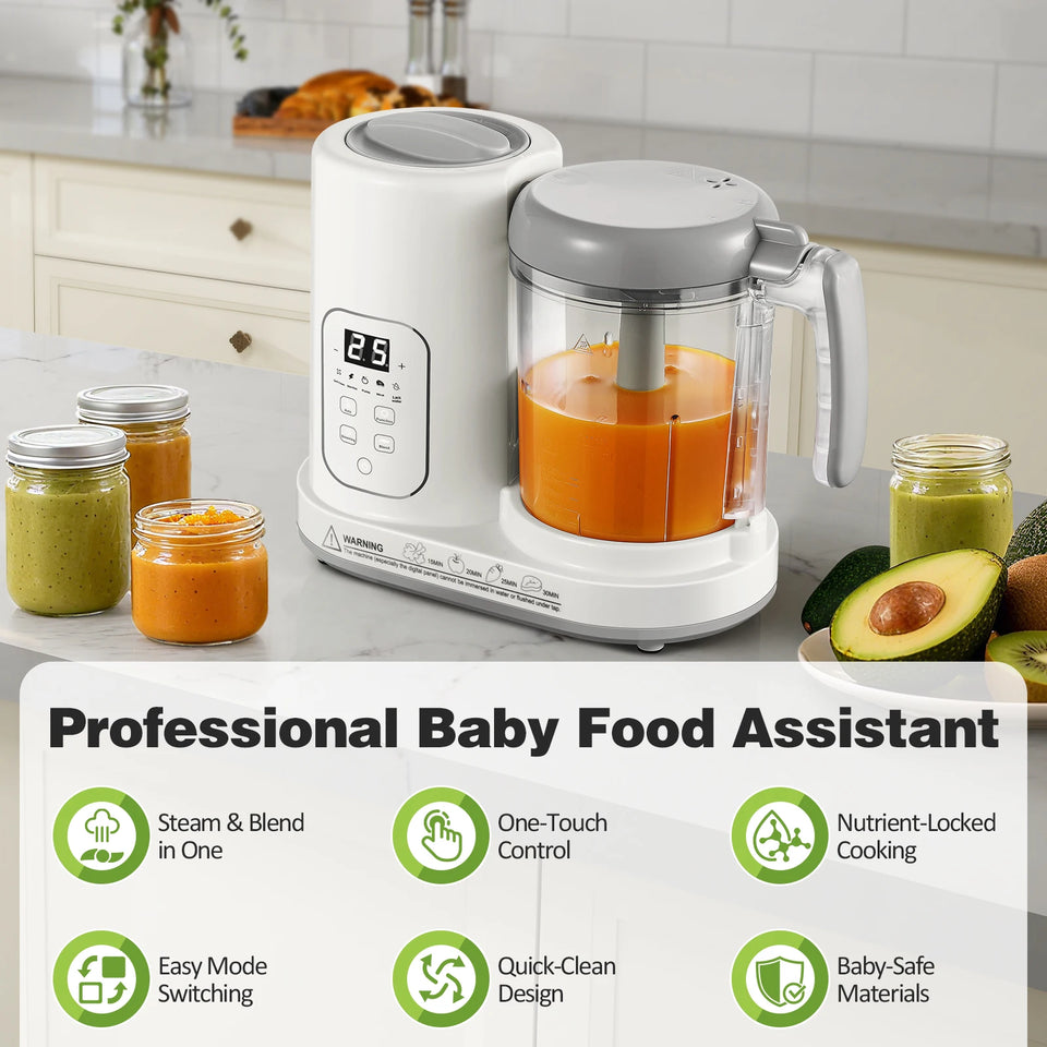 Baby food assistant with jars of baby food on a kitchen counter