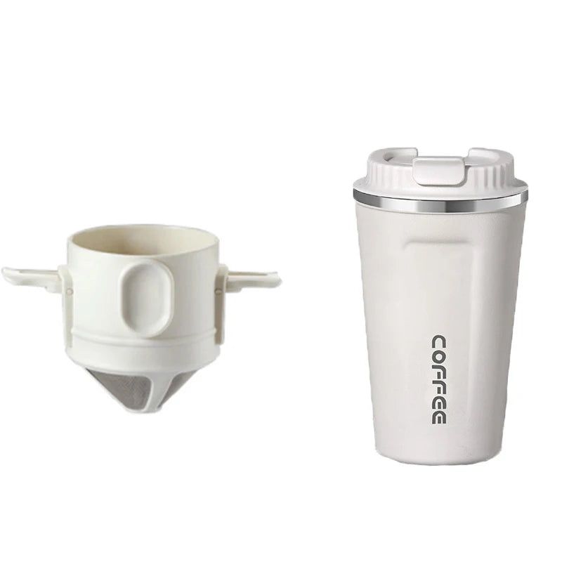 White coffee cup with a lid and handle on a white background
