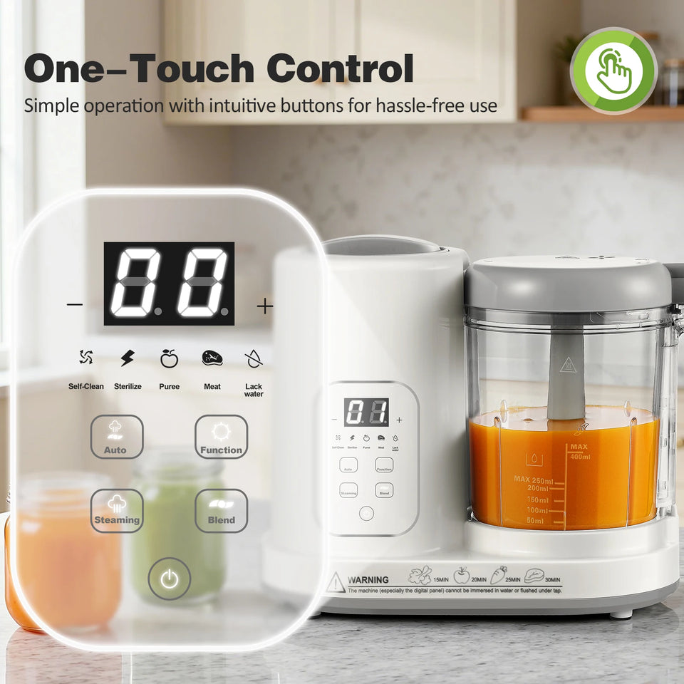 Multifunctional kitchen appliance with digital display and control panel on a kitchen counter.