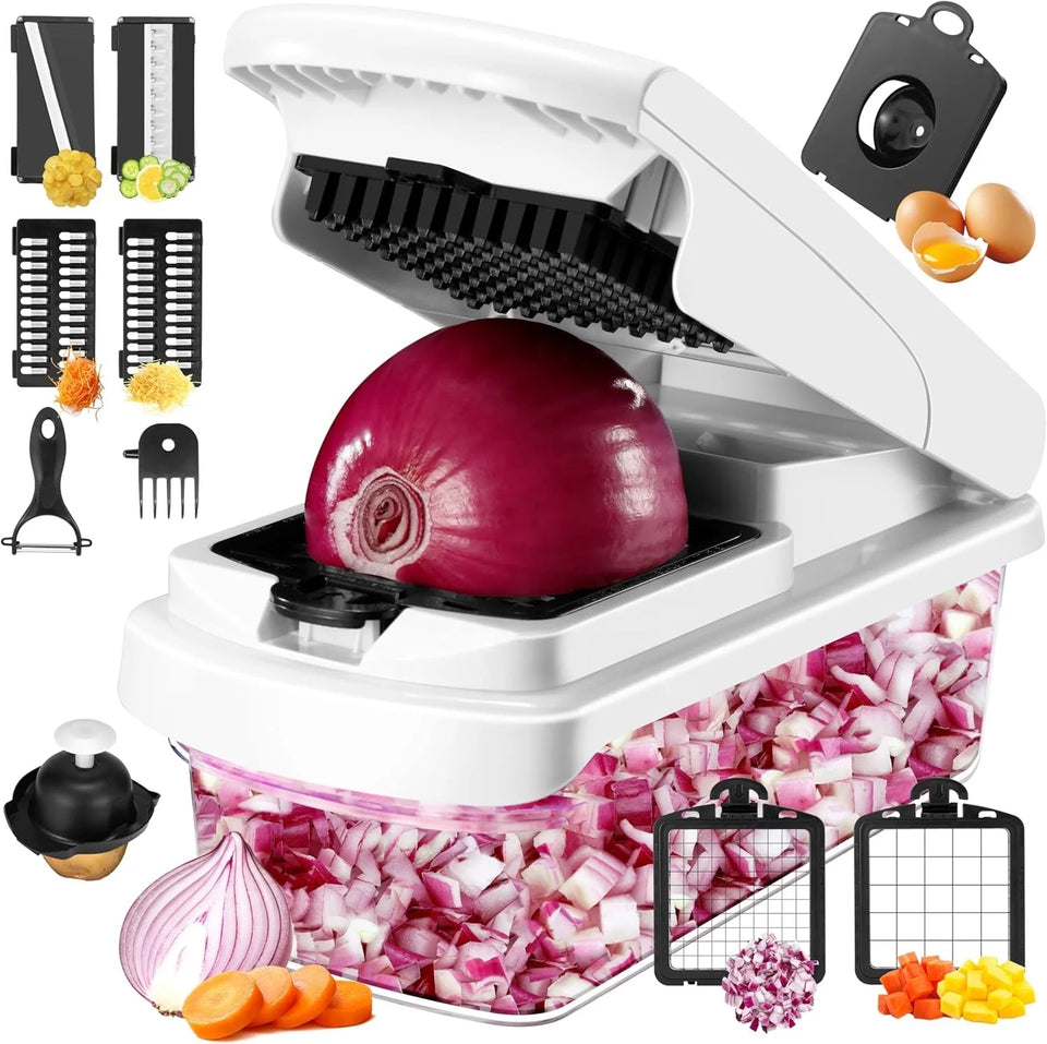 Multifunctional kitchen slicer with onion and carrot slices, and additional attachments on a white background.
