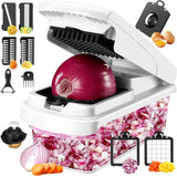 Multifunctional kitchen slicer with onion and carrot slices, and additional attachments on a white background.