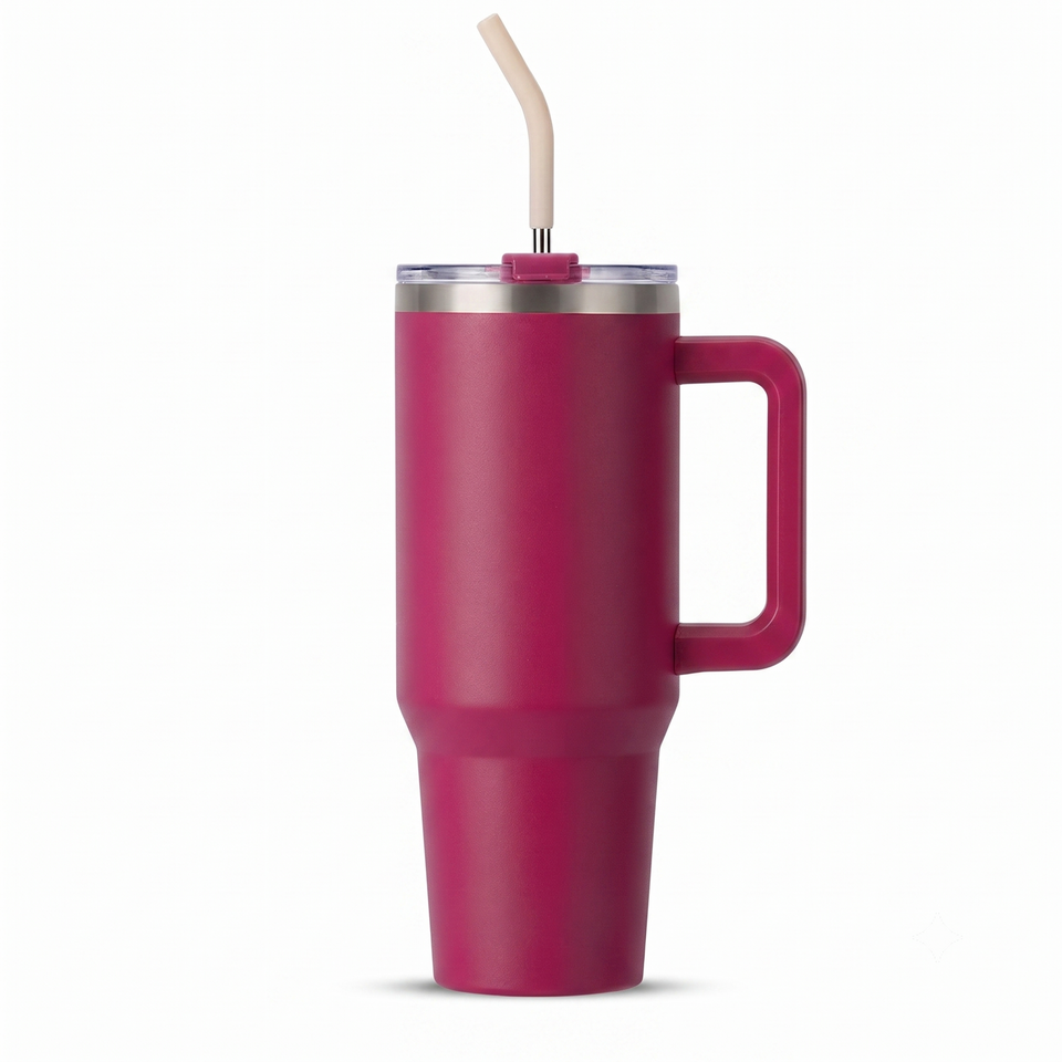 A matte magenta pink insulated travel tumbler with a handle, clear lid, and beige straw, shown on a clean white background.