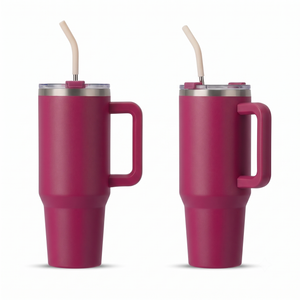 A dark magenta insulated travel tumbler with a handle, clear lid, and beige straw, shown beside a fulfillment process diagram and a small inspection label on a light gray background.
