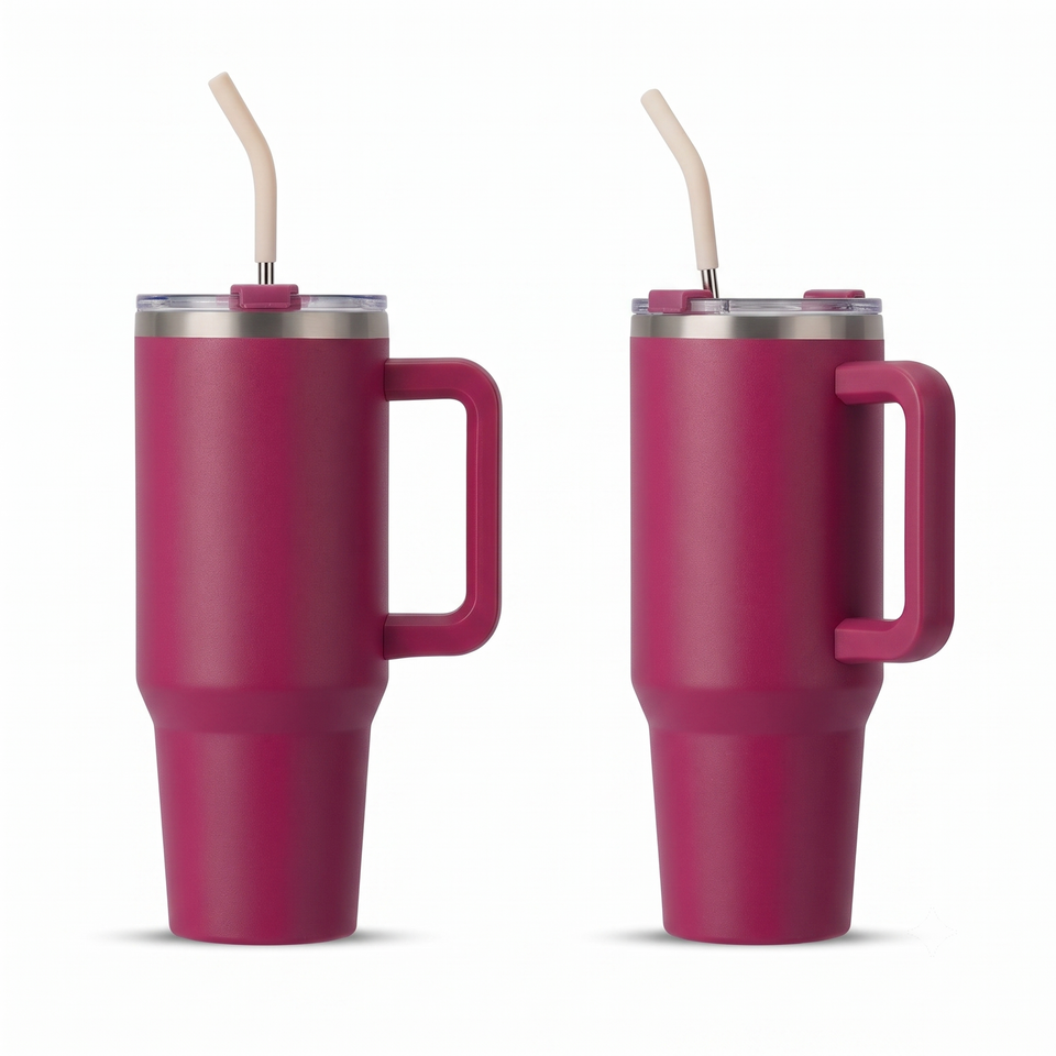 Two matte magenta insulated travel mugs with handles, stainless steel lids, and beige straws, shown side by side on a white background.