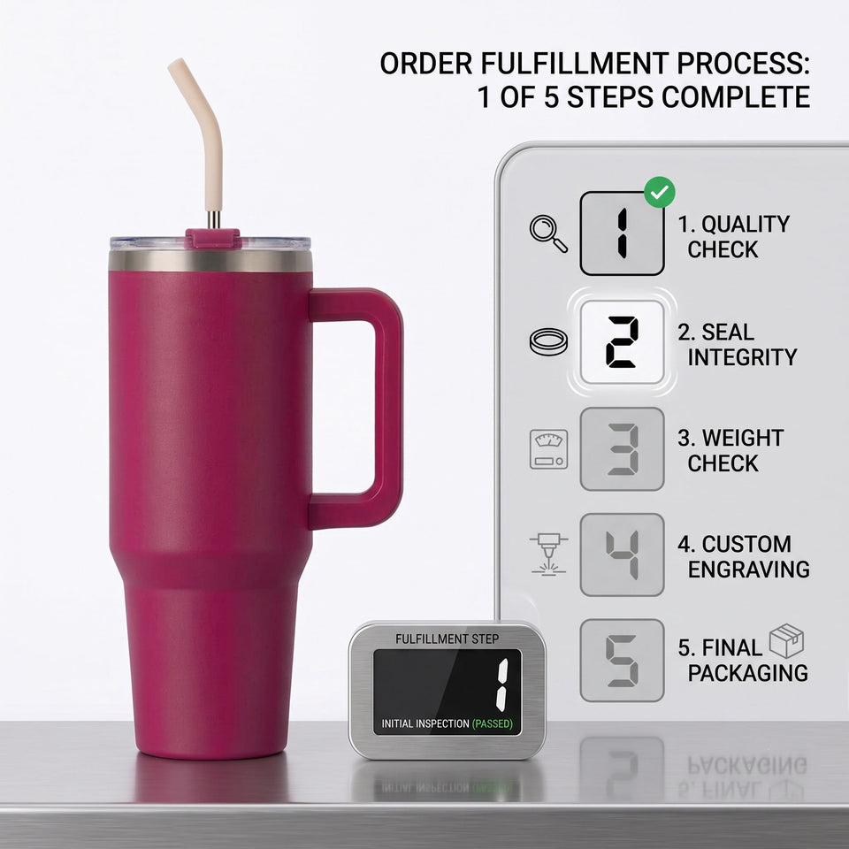A dark magenta insulated travel tumbler with a handle, clear lid, and beige straw, shown beside a fulfillment process diagram and a small inspection label on a light gray background.