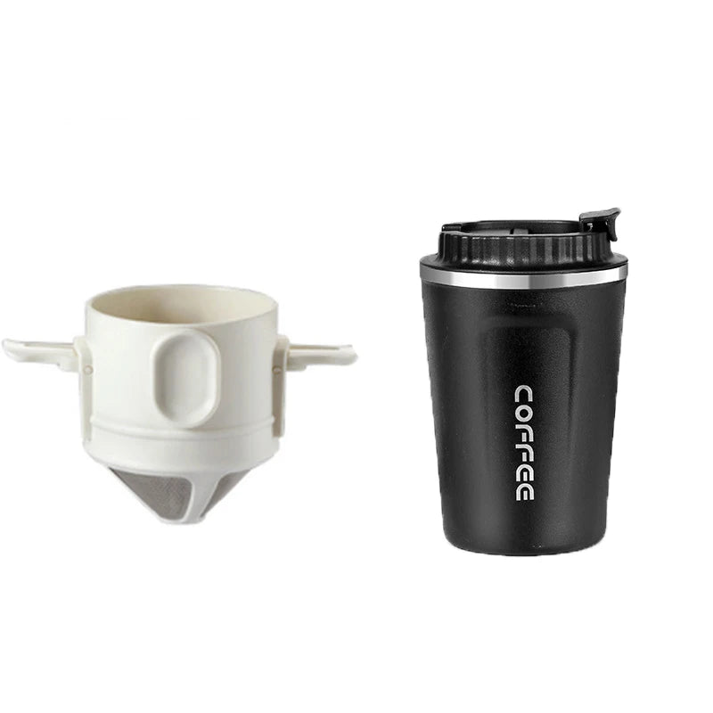 White ceramic coffee filter and black thermos with 'COFFEE' text on a white background
