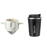 White ceramic coffee filter and black thermos with 'COFFEE' text on a white background