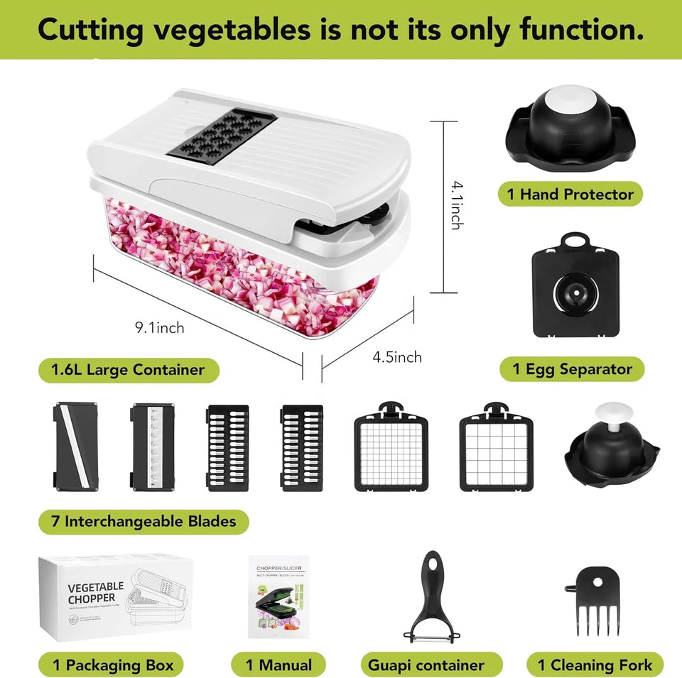 Multifunctional kitchen tool with various attachments and features displayed on a white background.