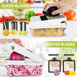 Vegetable slicer and grater with different attachments on a kitchen counter.