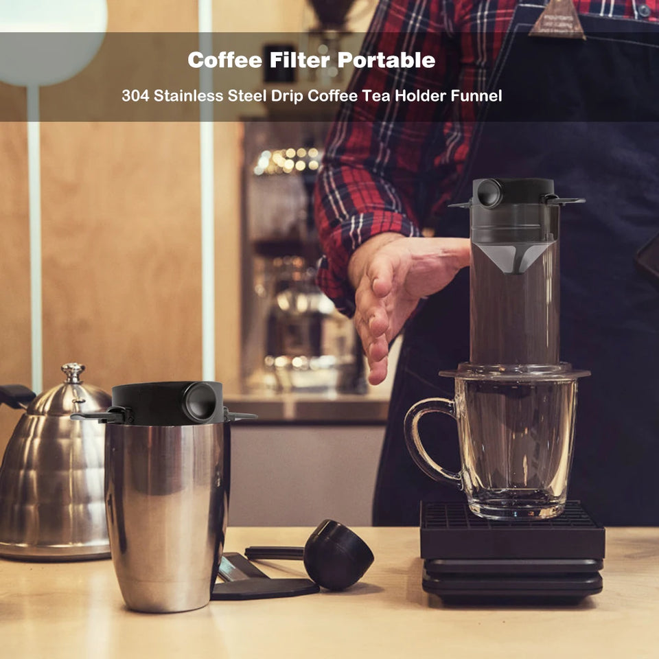 Person using a portable coffee filter system on a kitchen counter.