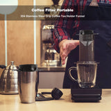 Person using a portable coffee filter system on a kitchen counter.