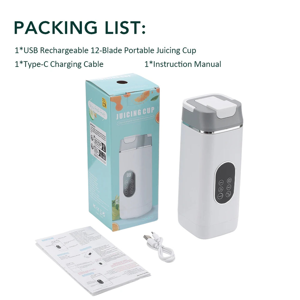 USB rechargeable 12-blade portable juicing cup with packaging, charging cable, and instruction manual on a white background.