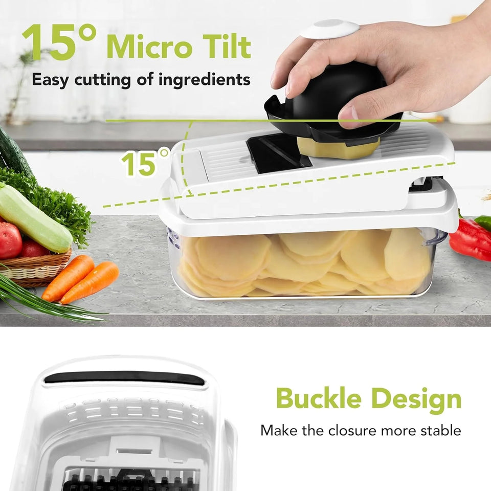Vegetable slicer with sliced potatoes, surrounded by vegetables, on a kitchen counter.