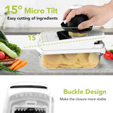 Vegetable slicer with sliced potatoes, surrounded by vegetables, on a kitchen counter.