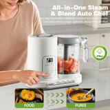 All-in-one baby food maker with a woman using it in a kitchen setting.
