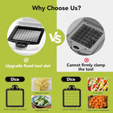 Comparison chart showing an upgrade tool slot and a tool without firm clamping capability, with images of diced vegetables and fruit salad.