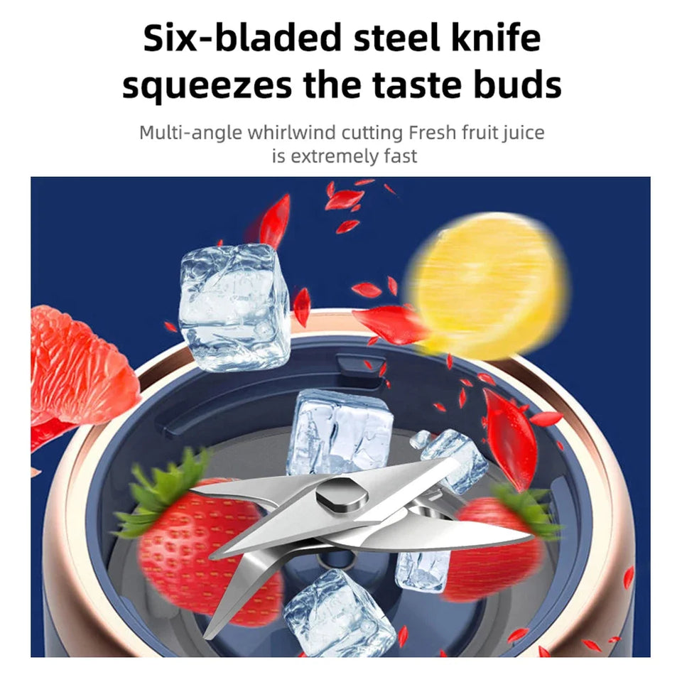 Juicer with fruits and ice cubes on a blue background, highlighting its speed and efficiency.